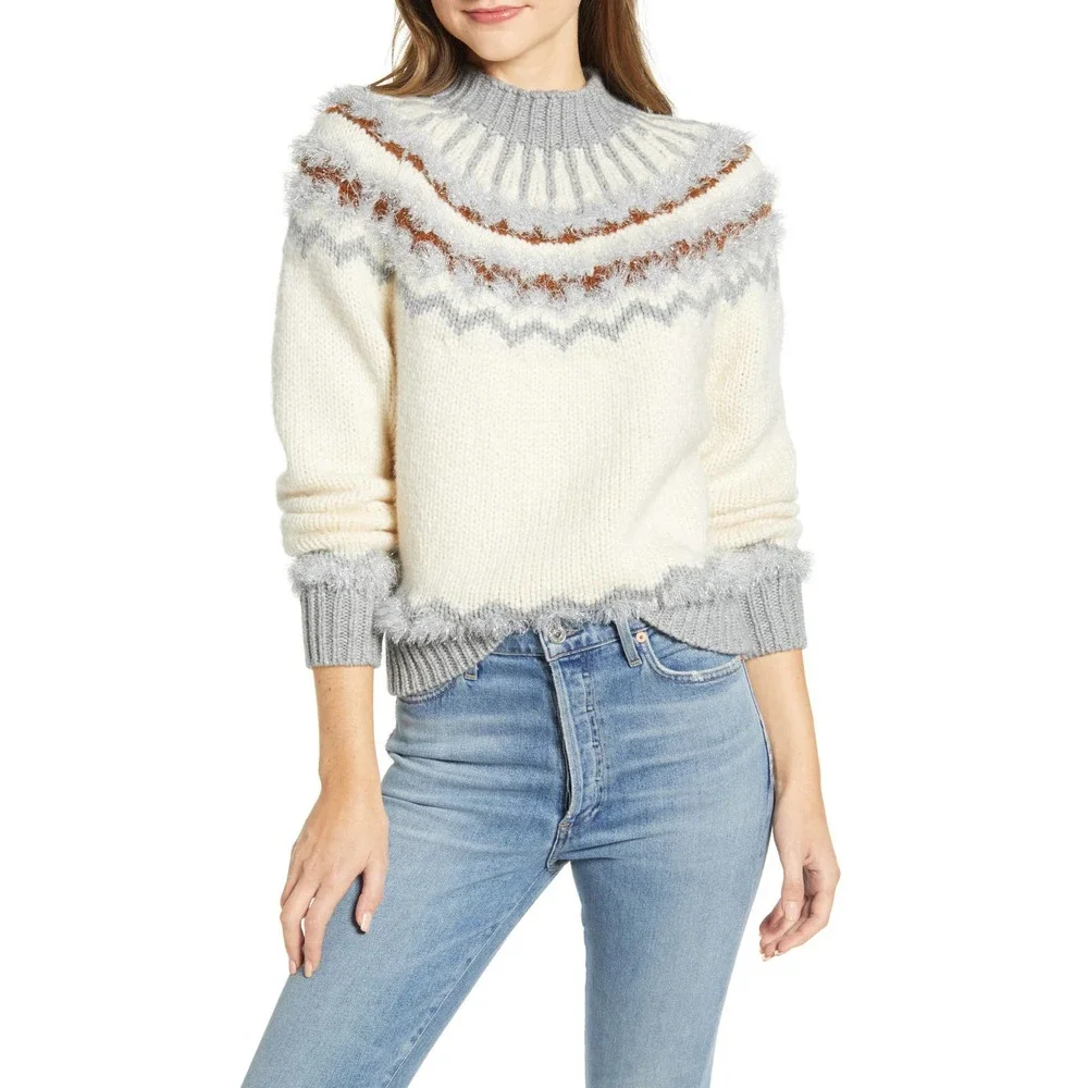 LOU & GREY • Irish Cream Festive Metallic Accent Fair Isle Mockneck Sweater Sz M - Picture 9 of 9